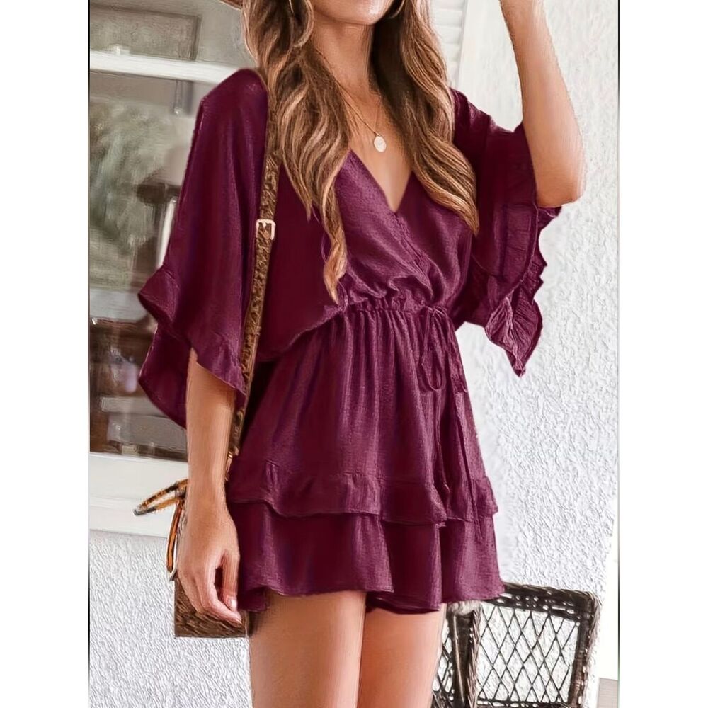 Women's Plum V-Neck Tiered Ruffle Dress